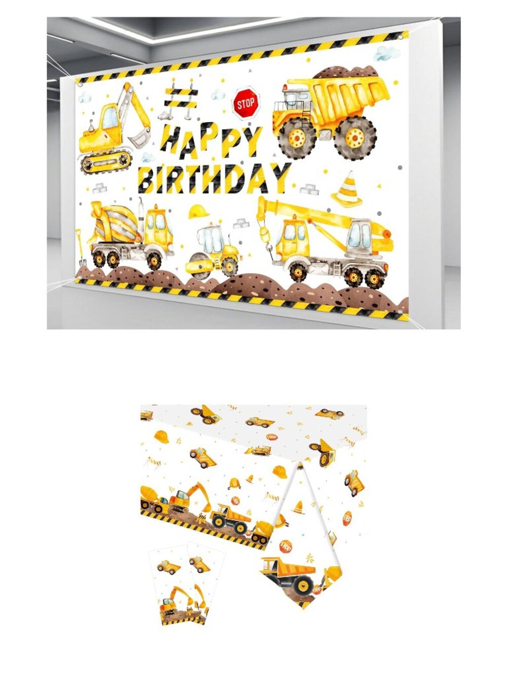 Construction Theme Birthday Party Backdrop and Tablecloth Set - 5.9x3.6ft